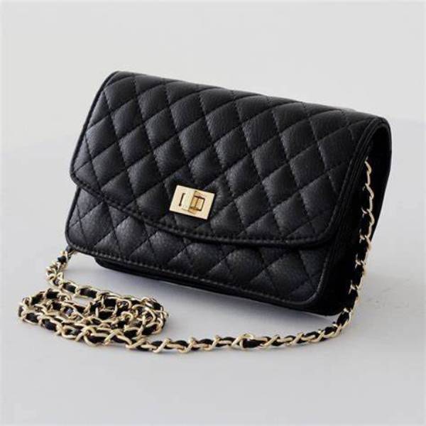 black crossbody bag with gold chain